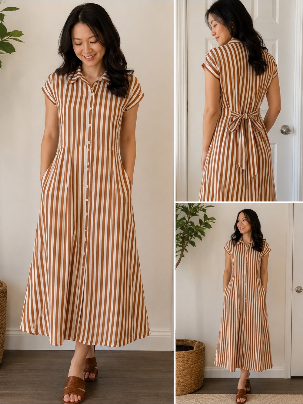 Boden Striped Midi Shirt Dress Brown White Tie Waist Size US 14R